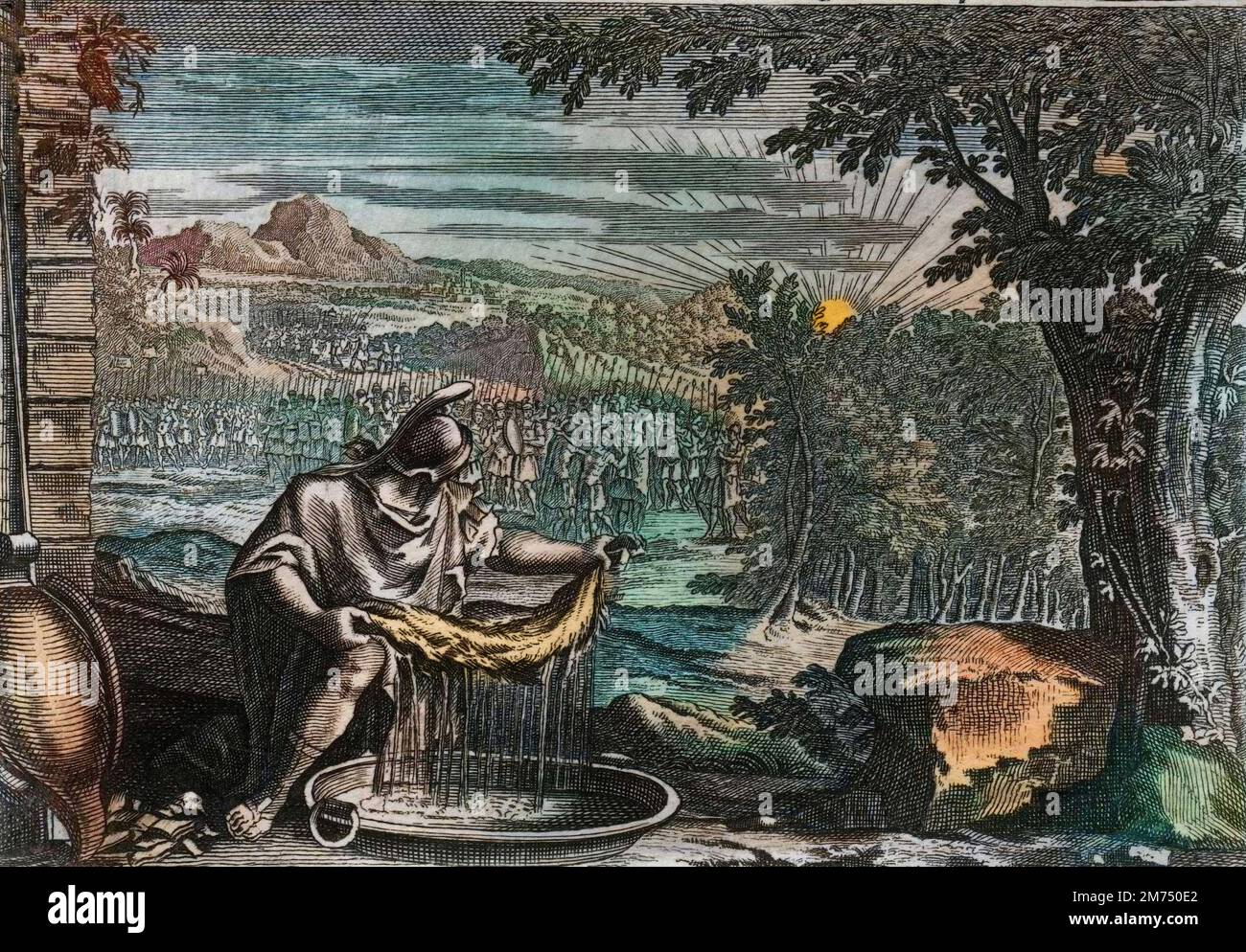 La Bibbia par le Sieur de Royaumont, Antico Testamento : Miracolo de la toison. Gedeon (Gedeon) obtient de Dieu le Miracle de la toison pour preuve qu'il l'avait choisi et qu'il l'allait rendre le liberateur de son peuple. Gravure de 1811 - la Bibbia di Royaumont, Antico Testamento : Miracolo del vello. Gedeon (Gedeone) ottiene da Dio il miracolo del vello come prova che lo aveva scelto e che lo avrebbe fatto liberatore del suo popolo. Incisione - colorazione successiva Foto Stock