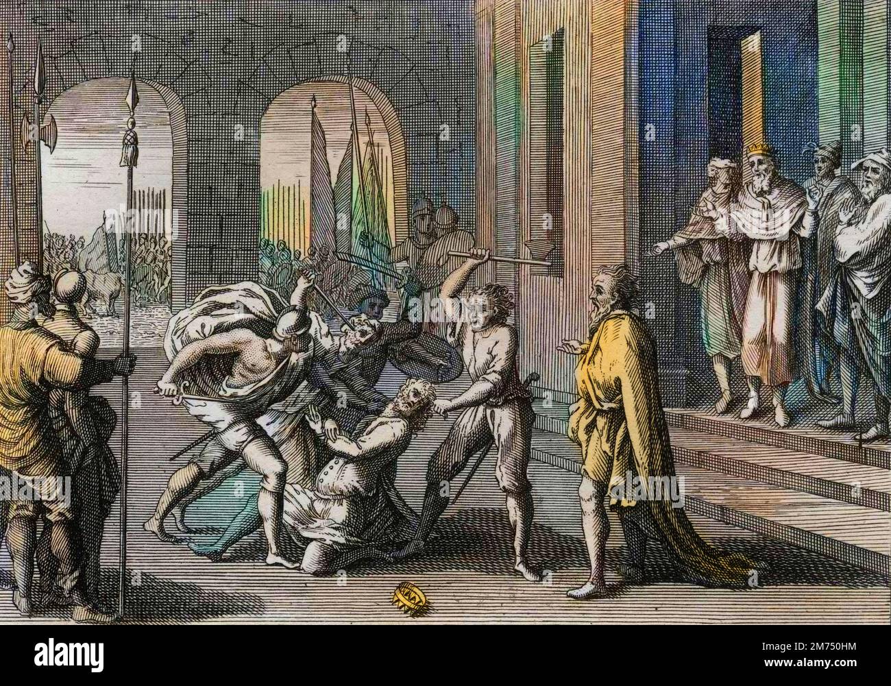 La Bibbia par le Sieur de Royaumont, Antico Testamento : Agag epargne. Saul epargne, contre l'ordre de Dieu, Agag Roi des Amalecites. Dieu lui en fait temoigner sa colere par Samuel, qui repar la faute de Saul en faisant mourir Agag. Gravure de 1811 - la Bibbia di Royaumont, Antico Testamento : Agag epargne. Saul risparmia, contro il comando di Dio, Agag re degli Amaleciti. Dio lo fa mostrare la sua rabbia da Samuele, che si rifaglia per colpa di Saul uccidendo Agag. Incisione - colorazione successiva Foto Stock