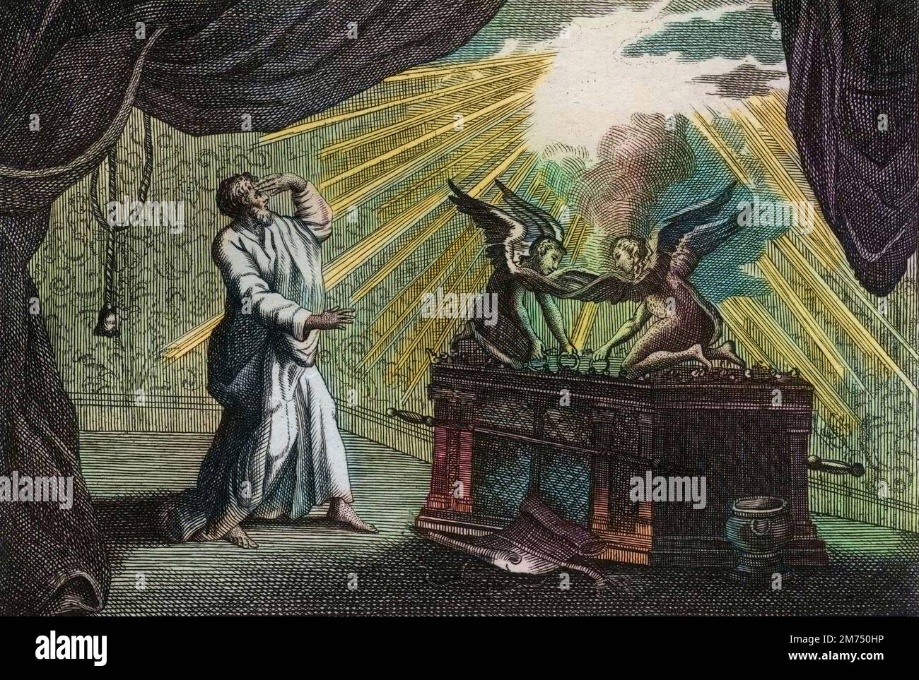 La Bibbia par le Sieur de Royaumont, Antico Testamento : l'Arche de l'Alliance. Figura de l'Arche. Gravure de 1811 - la Bibbia di Royaumont, Antico Testamento : l'Arca dell'Alleanza. Figura dell'Ark. Incisione - colorazione successiva Foto Stock