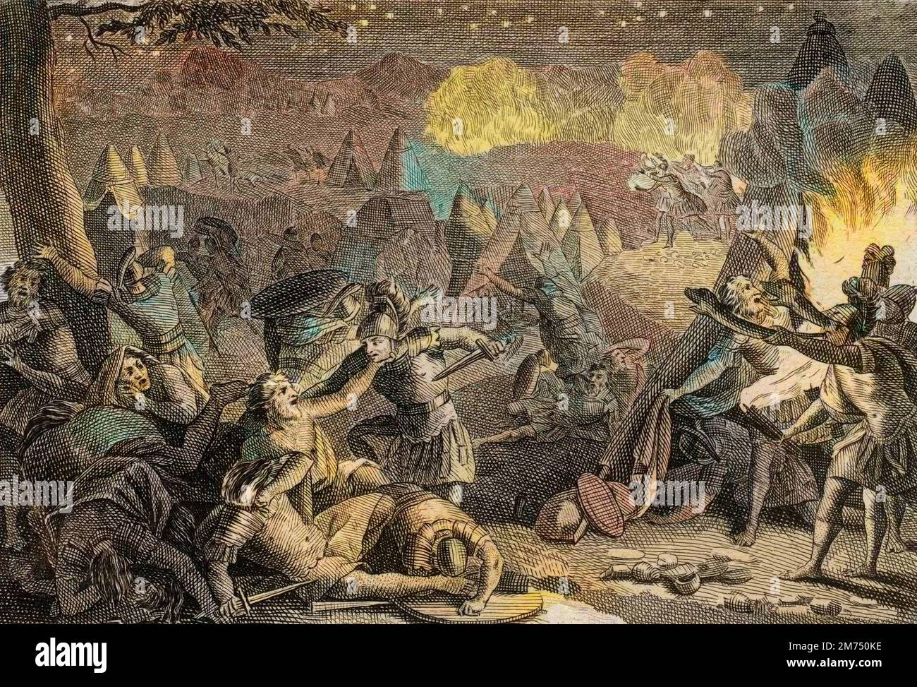 La Bibbia par le Sieur de Royaumont, Antico Testamento : Defaite des Madianites par le bruit des tropettes et par l'eclat des lampes. Gravure de 1811 - Bible de Royaumont, Antico Testamento : sconfitta dei Madianiti dal suono delle trombe e dalla luce delle lampade. Incisione - colorazione successiva Foto Stock