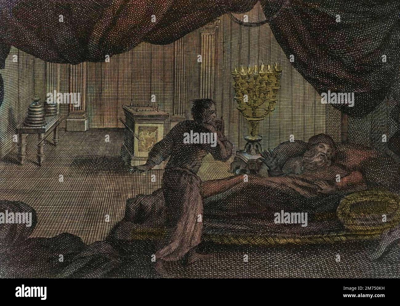 La Bibbia par le Sieur de Royaumont, Antico Testamento : Samuel donne a Heli. Anne (Hannah) consacre le petit Samuel au Seigneur, et le donne au Grand Pretre Heli. Samuel qui entend la voix du seigneur l'appeler en pleine nuit pense qu'il s'agit de son mentor le Grand pretre Eli (Heli). Gravure de 1811 - la Bibbia di Royaumont, Antico Testamento : Samuele dato a Heli. Anna (Hannah) consacra il piccolo Samuele al Signore, e lo dona al sommo sacerdote Heli. Samuele, che ascolta la voce del Signore chiamandolo in mezzo alla notte, pensa che sia il suo mentore, il sommo sacerdote Eli (Heli). Incisione - più tardi Foto Stock