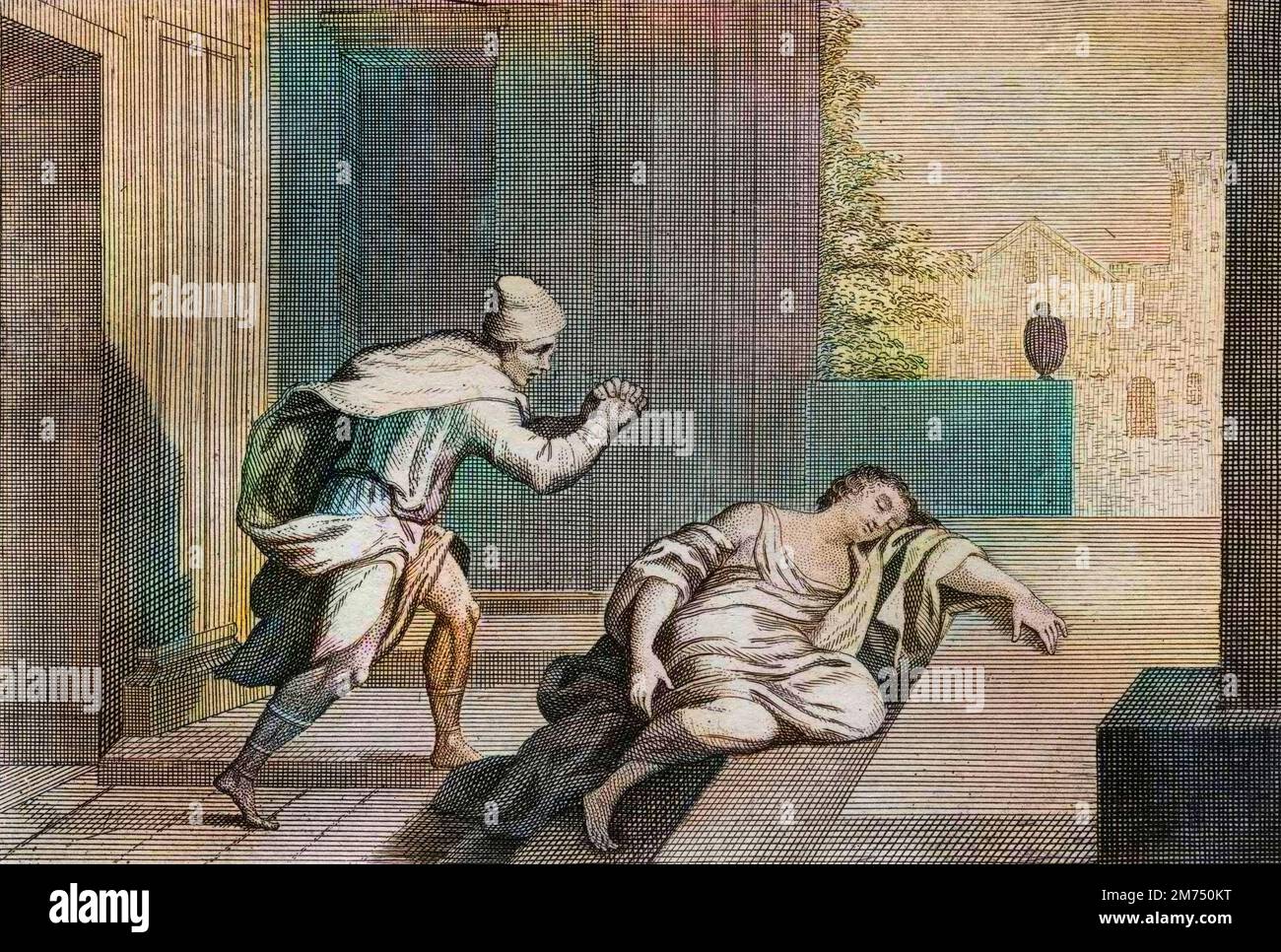 La Bibbia par le Sieur de Royaumont, Antico Testamento : Femme du Levite oudragee. L'epouse du Levite est retrouvee morte a la porte, apres avoir ete maltraitee par des voyous. Gravure de 1811 - la Bibbia de Royaumont, Antico Testamento : Femme du Levite oudragee. La moglie del Levita è trovata morta alla porta, essendo stata abusata dai teppisti. Incisione - colorazione successiva Foto Stock