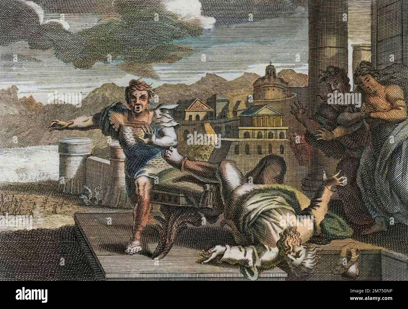 La Bibbia par le Sieur de Royaumont, Antico Testamento : Punizione d'Heli. Dieu, pour punir le Grand Pretre Heli (Eli) de sa negligence a reprendre les desordres de ses enfants, permet qu'en apprenant la nouvelle de leur mort et de la pry de l'Arche d'Alliance, il tombe de son assedio et se casse la tete. Gravure de 1811 - la Bibbia di Royaumont, Antico Testamento : Punizione di Heli. Dio, per punire il sommo sacerdote Heli (Eli) per la sua negligenza nel prendere in consegna i disordini dei suoi figli, permette che, ascoltando la notizia della loro morte e della presa dell'Arca dell'Alleanza, cada da hi Foto Stock