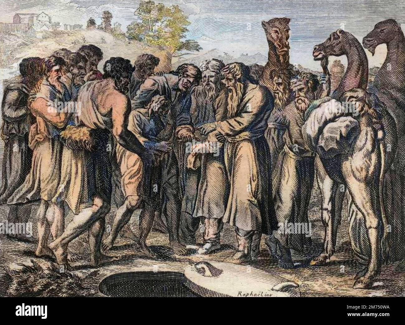 La Bibbia par le Sieur de Royaumont, Antico Testamento : Joseph vendu par ses freres. Gravure de 1811 - la Bibbia di Royaumont, Antico Testamento : Giuseppe venduto dai suoi fratelli. Incisione - colorazione successiva Foto Stock