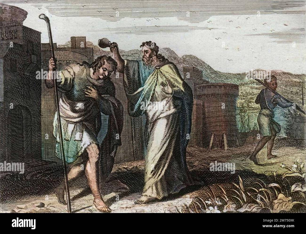 La Bibbia par le Sieur de Royaumont, Antico Testamento : Sacre de Saul. Samuel, par ordre de Dieu, sacre Saul pour etre Roi des juifs. Gravure de 1811 - la Bibbia di Royaumont, Antico Testamento : l'incoronazione di Saul. Samuele, per ordine di Dio, incorona Saul ad essere il re dei Giudei. Incisione - colorazione successiva Foto Stock