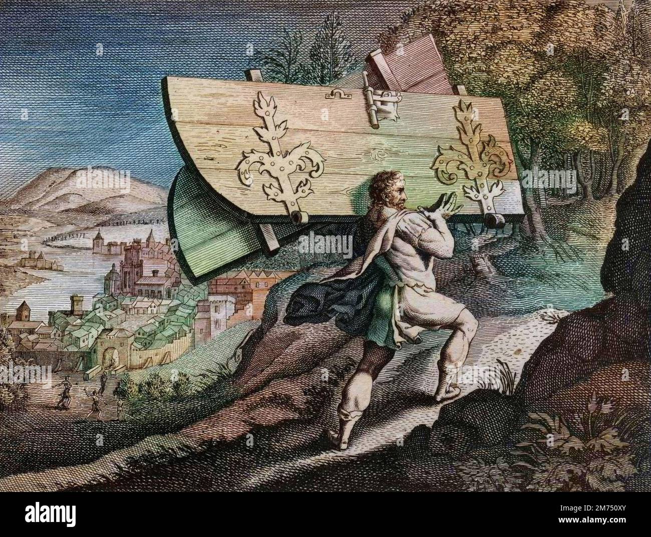 La Bibbia par le Sieur de Royaumont, Antico Testamento : Portes de Gaza. Samson, enferme dans Gaza, arrache les portes de la ville. Gravure de 1811 - la Bibbia di Royaumont, Antico Testamento : Porte di Gaza. Samson, rinchiuso a Gaza, abbatte le porte della città. Incisione - colorazione successiva Foto Stock