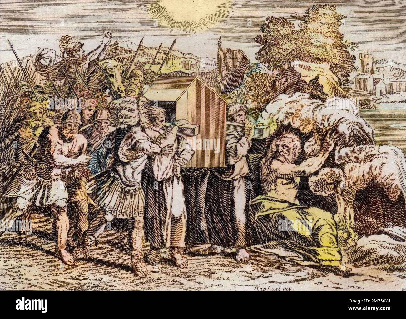 'Bible par le Sieur de Royaumont, Ancien Testament : Passage du Jourdain. Josue fait passer le Jourdain a tout le peuple. CE fleuve se seche aussitot que les Pretres qui portaient l'Arche d'Alliance y furent entrer ; et les eaux, s'elevant en haut, demeurerent suspendes comme une montagne. Gravure de 1811 - la Bibbia di Royaumont, Antico Testamento : attraversamento del Giordano. Josue fa attraversare il Giordano. Questo fiume si prosciugò non appena entrarono i sacerdoti che portarono l'Arca dell'Alleanza e le acque, salendo in cima, restarono sospese come una montagna. Incisione - colorazione successiva Foto Stock