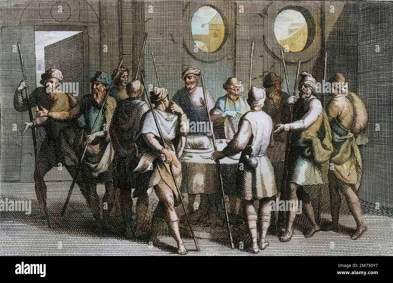 La Bibbia par le Sieur de Royaumont, Antico Testamento : l'Agneau de Paques. Dieu ordona aux juifs de manger l'agneau de Paques, et pour dixieme plaie te tous les premiers nes. Gravure de 1811 - la Bibbia di Royaumont, Antico Testamento : l'Agnello pasquale. Dio ordinò ai Giudei di mangiare l'agnello pasquale, e per la decima peste uccise tutti i primogeniti. Incisione - colorazione successiva Foto Stock