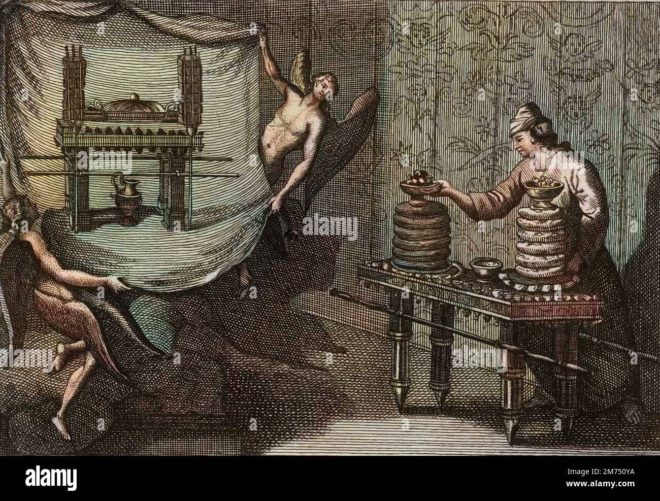 La Bibbia par le Sieur de Royaumont, Antico Testamento : la table des pains de proposition dans le Tabernacle. Gravure de 1811 - la Bibbia di Royaumont, Antico Testamento : la tavola del pan da showbread nel Tabernacolo. Incisione - colorazione successiva Foto Stock
