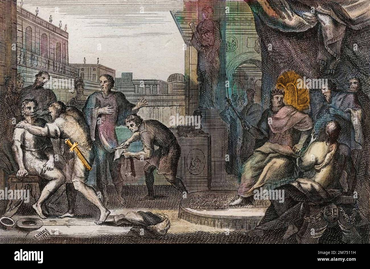 La Bibbia par le Sieur de Royaumont, Ancien Testament : Ambassadeurs de David. David envoie Joab contre les Ammonmes, pour se vendor de l'outrage que Hanon, leur Prince, avait fait a ses Ambassadeurs qu'il avait pris pour des espions. Gravure de 1811 - la Bibbia di Royaumont, Antico Testamento : Ambasciatori di Davide. Davide manda Joab contro gli Ammoniti, per vendicare l'insulto che Hanon, il loro Principe, aveva fatto ai suoi ambasciatori che aveva preso per spie. Incisione - colorazione successiva Foto Stock