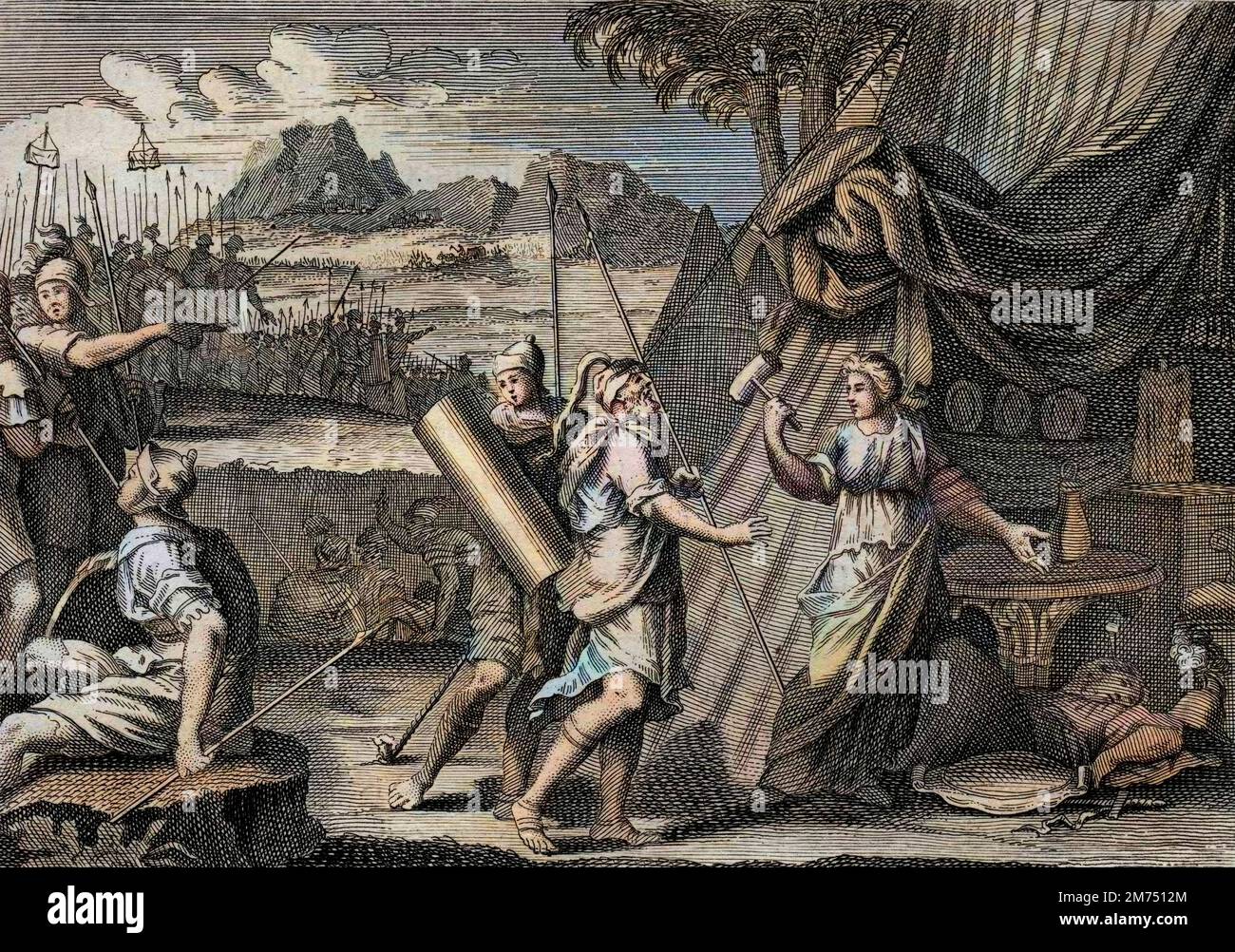 La Bibbia par le Sieur de Royaumont, Antico Testamento : Mort de Sisara. Yael (Jael) mar le chef de l'armee cananeenne Sisra (Sisera ou Sisara). Gravure de 1811 - la Bibbia di Royaumont, Antico Testamento : morte di Sisara. Yael (Jael) uccide il capo dell'esercito cananita Sisra (Sisera o Sisara). Incisione - colorazione successiva Foto Stock