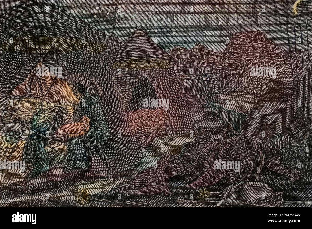 La Bibbia par le Sieur de Royaumont, Antico Testamento : David epargne Saul. David a Saul entre ses Mains, mais il ne lui fait aucun mal. Il se contente d'empor la lance et sa coupé. Gravure de 1811 - la Bibbia di Royaumont, Antico Testamento : David risparmia Saul. Davide ha Saul nelle sue mani, ma non gli fa male. Si accontenta di prendere la lancia e la sua coppa. Incisione - colorazione successiva Foto Stock