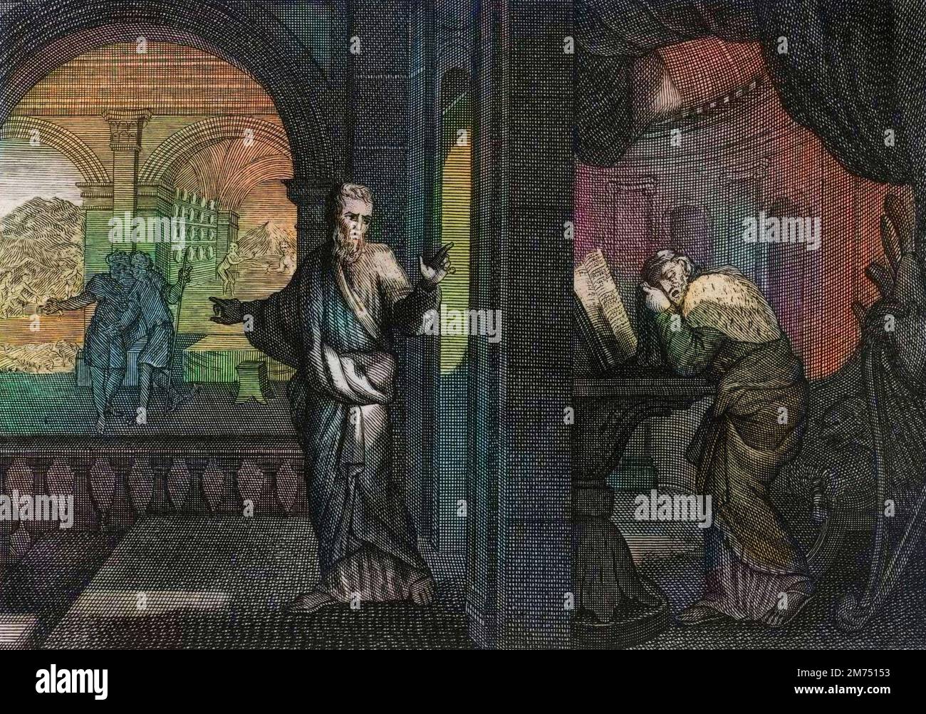 La Bibbia par le Sieur de Royaumont, Ancien Testament : Penitence de David. Dieu envoie figlio Prophete Nathan a David pour lui representer sa faute. Le rimpianto que ce saint Roi en concoit lui fait accepter tout les maux que le Prophete lui predit. Gravure de 1811 - la Bibbia di Royaumont, Antico Testamento : Penitenza di Davide. Dio invia il suo Profeta Nathan a Davide per mostrargli la sua colpa. Il rammarico che questo santo re concepisce lo fa accettare tutti i mali che il profeta predice. Incisione - colorazione successiva Foto Stock