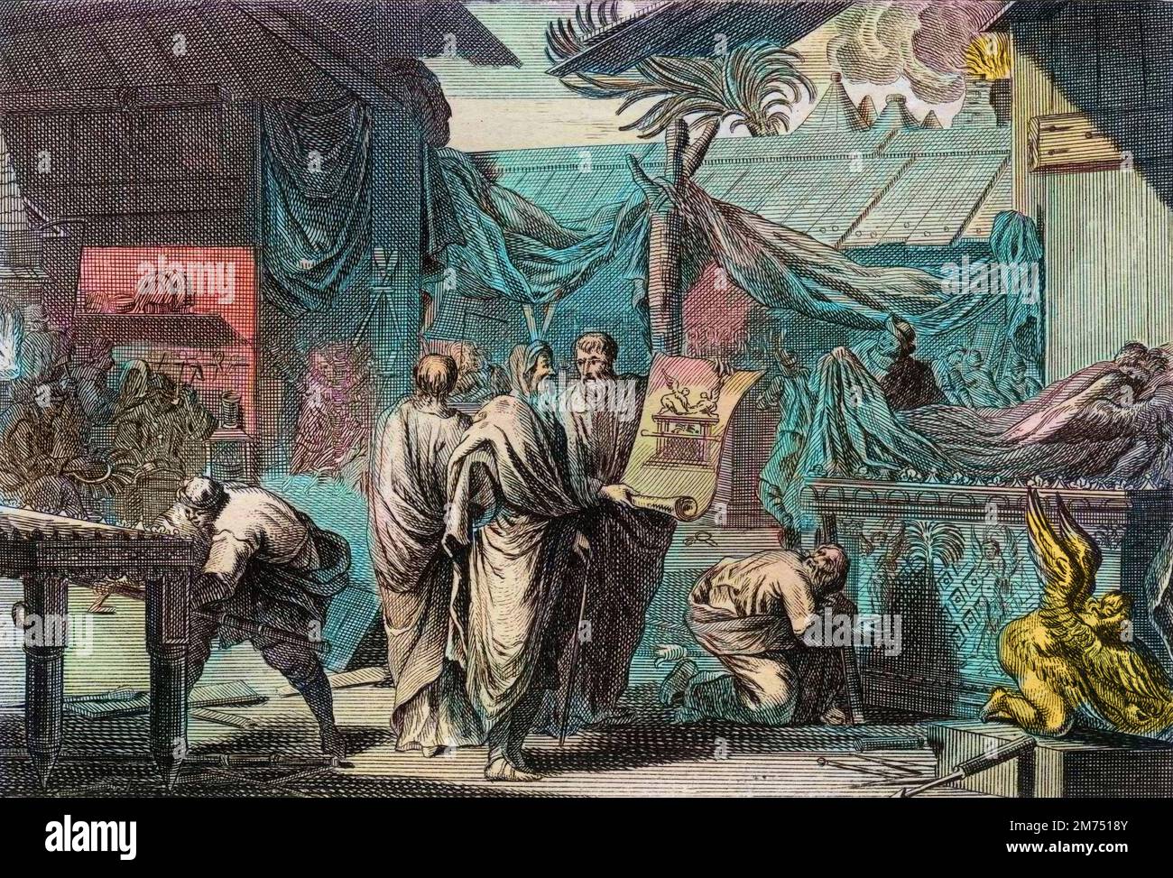 La Bibbia par le Sieur de Royaumont, Antico Testamento : le Tabernacolo. Moise fait dresser le Tabernacle selon l'ordre qu'il en avait recu de Dieu. Gravure de 1811 - la Bibbia di Royaumont, Antico Testamento : il Tabernacolo. Mosè eretta il Tabernacolo secondo l'ordine che ricevette da Dio. Incisione - colorazione successiva Foto Stock