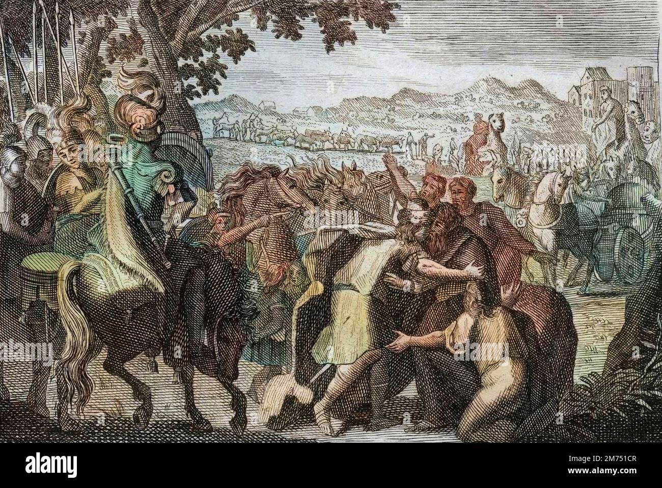 La Bibbia par le Sieur de Royaumont, Antico Testamento : Jacob va en Egypte. Jacob va trovatore Joseph avec toute sa famille. Gravure de 1811 - la Bibbia di Royaumont, Antico Testamento : Giacobbe va in Egitto. Giacobbe va a trovare Giuseppe con tutta la sua famiglia. Incisione - colorazione successiva Foto Stock