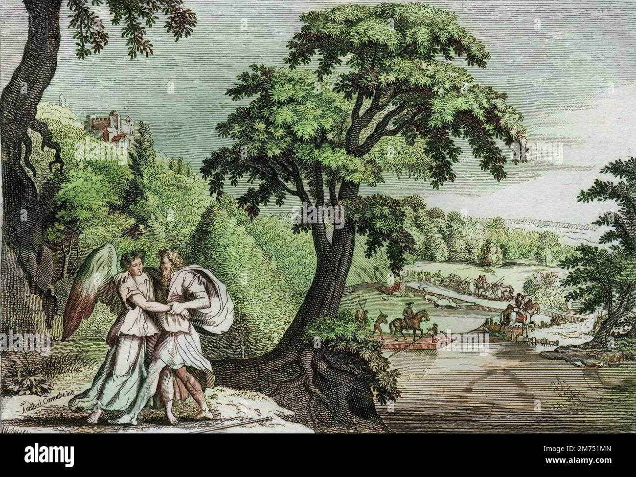 La Bibbia par le Sieur de Royaumont, Antico Testamento : riconciliazione d'Esau avec Jacob. Sagesse de Jacob pour adoucir Esau. SA lutte avec l'Ange. Gravure de 1811 - la Bibbia di Royaumont, Antico Testamento : riconciliazione di Esaù con Giacobbe. La saggezza di Giacobbe per ammorbidire Esaù. La sua lotta con l'Angelo. Incisione - colorazione successiva Foto Stock