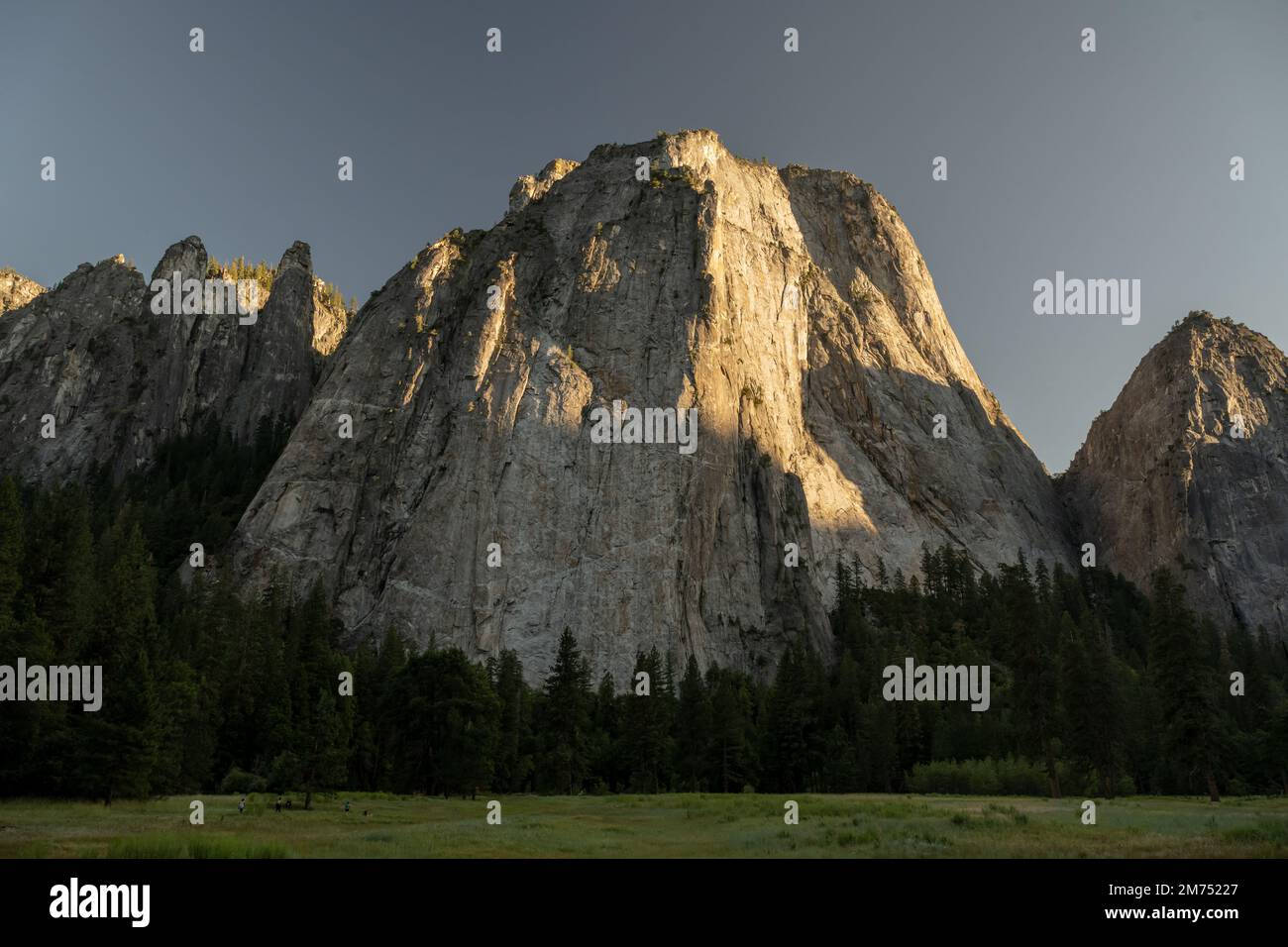Prato sotto El Capitan con ampia vista dalla valle di Yosemite Foto Stock
