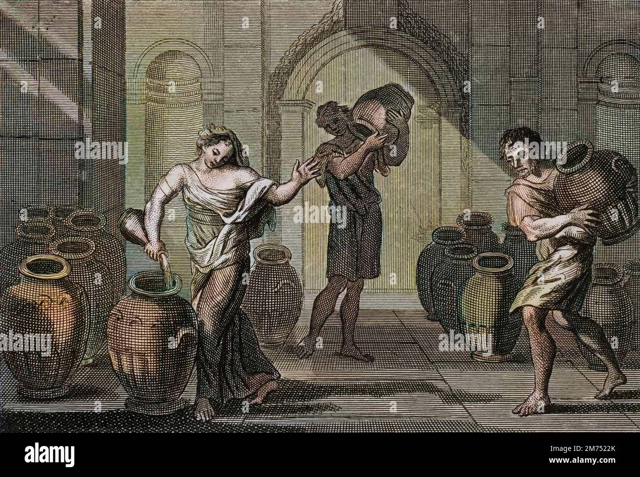 La Bibbia par le Sieur de Royaumont, Antico Testamento : Miracolo d'Eliseo. Une veuve tourmentee de ses creanciers ayant recours a la charite d'Elisee, ce Prophete lui commanda d'imperprunter beaucoup de vases de ces voisins, qu'elle remplit d'huile d'un petit reste qu'elle avait chez elle, et qui se molteplicità qu'a ce qu'ne vuvse a Plus trouvas. Gravure de 1811 - la Bibbia di Royaumont, Antico Testamento : Miracolo di Eliseo. Vedova tormentata dai suoi creditori facendo ricorso alla carità di Eliseo, questo Profeta le ordinò di prendere in prestito molti vasi dai suoi vicini, da cui si riempì di olio Foto Stock