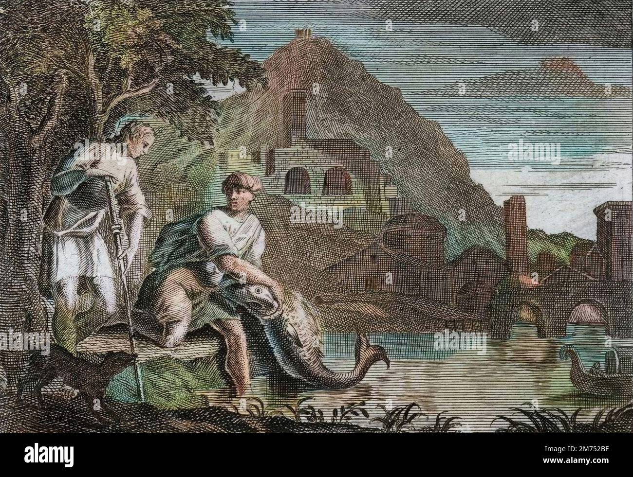 La Bibbia par le Sieur de Royaumont, Antico Testamento : l'ange guida Tobie. Le jeune Toie est epouvante par un poisson (miraculeux) qui voulait le devorer. L'Ange Raphael vient par un ordre de Dieu lui servir de guide dans un voyage qu'il avait a faire. Gravure de 1811 - la Bibbia di Royaumont, Antico Testamento : l'angelo guida Tobias. Il giovane Tobias ha paura di un pesce (miracoloso) che voleva divorarlo. L'angelo Raffaello viene per ordine di Dio per guidarlo in un cammino che deve compiere. Incisione - colorazione successiva Foto Stock