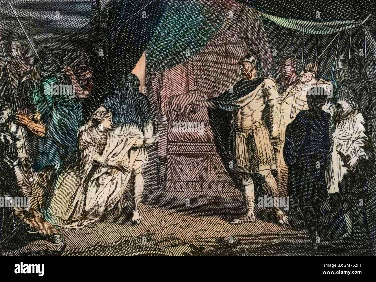 La Bibbia par le Sieur de Royaumont, Antico Testamento : Judith. Judith se presenta il devant Holopherne. Gravure de 1811 - la Bibbia di Royaumont, Antico Testamento : Judith. Judith si presenta davanti a Holofernes. Incisione - colorazione successiva Foto Stock