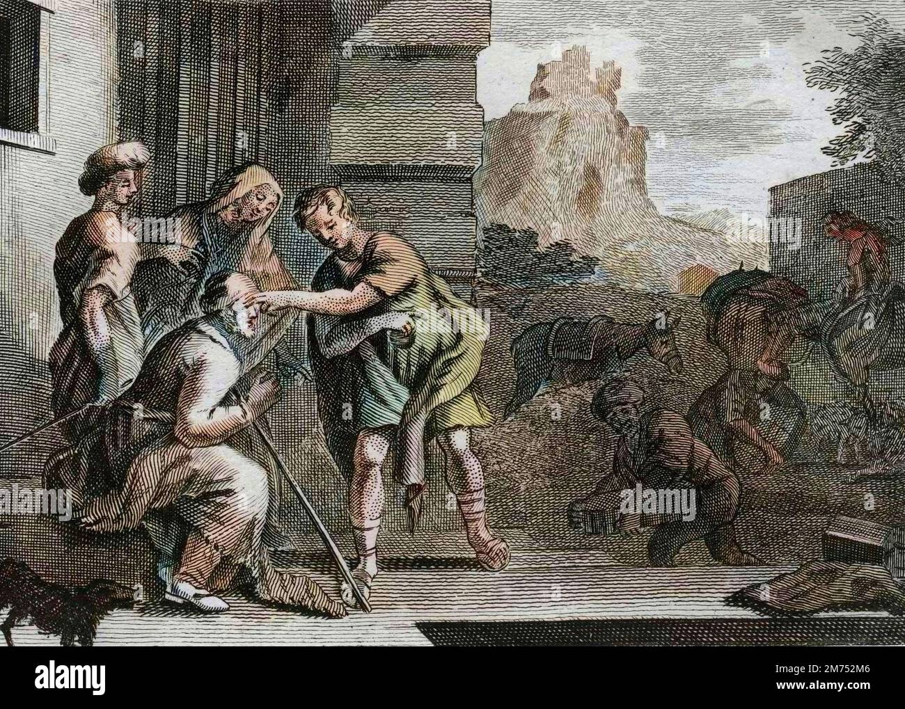 La Bibbia par le Sieur de Royaumont, Antico Testamento : Toie recouvre la vue. Le jeune Tobie rend la vue a son pere en lui passant sur les yeux le fiel du poisson qu'il a peche sur les conseils de l'Archange Raphael. L'Ange se fait connaitre a eux et disparait ensuite. Gravure de 1811 - la Bibbia di Royaumont, Antico Testamento : Tobie recupera la vista. Il giovane Tobias ridà la vista al padre passando sugli occhi la biglia del pesce che ha catturato su consiglio dell'Arcangelo Raffaello. L'Angelo si fa conoscere a loro e poi scompare. Incisione - colorazione successiva Foto Stock