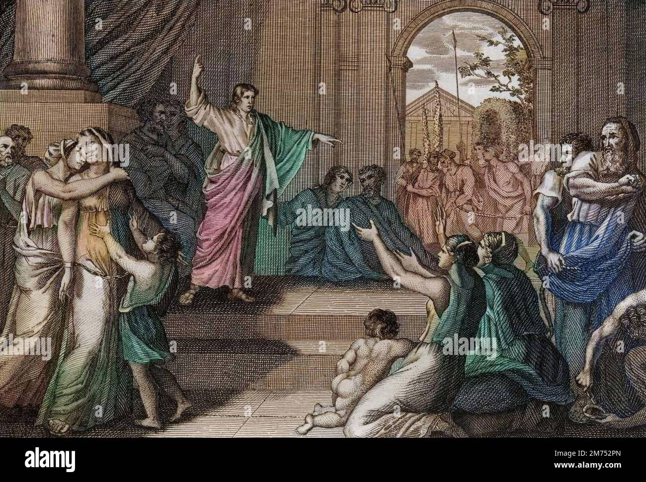 La Bibbia par le Sieur de Royaumont, Antico Testamento : Susanne delivree. Dieu se sert de la sagesse du jeune Daniel pour delivrer Susanne de la mort, a laquelle elle avait ete injustement condamnee. Gravure de 1811 - la Bibbia di Royaumont, Antico Testamento : Susanne delivrée. Dio usa la saggezza del giovane Daniele per liberare Susanna dalla morte, alla quale era stata ingiustamente condannata. Incisione - colorazione successiva Foto Stock