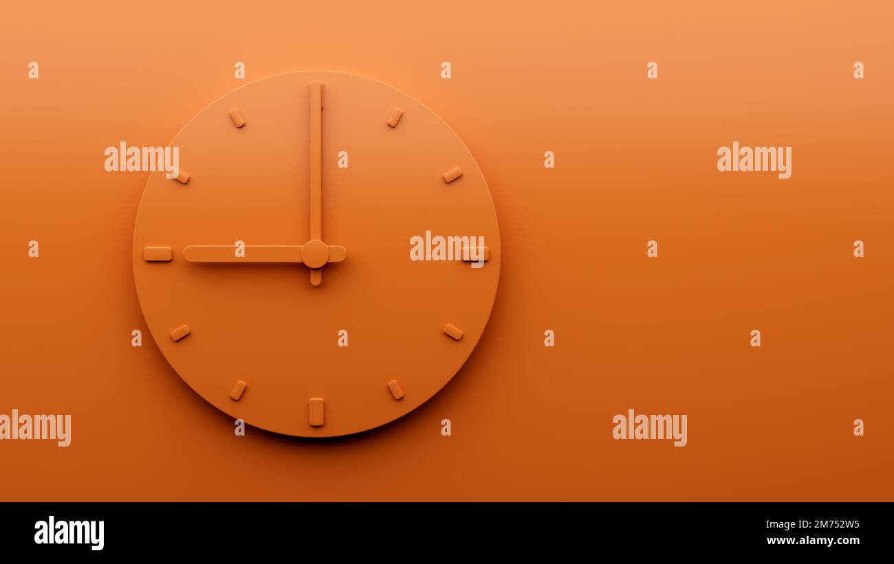 Un'illustrazione 3D dell'orologio da parete arancione su sfondo arancione, che mostra le nove Foto Stock