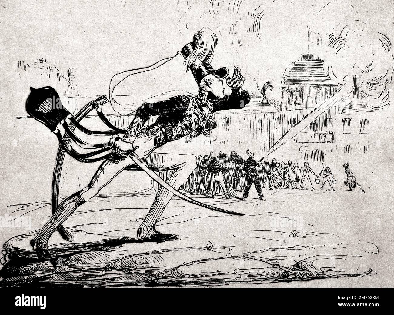 Un jeune Heros allant au Feu... Dela Cuisine - Un giovane eroe che va al fuoco... Dalla cucina 1835by Honore Daumier 1808-1879 ( Honoré-Victorin Daumier era un pittore, scultore e stampatore francese, le cui molte opere offrono commenti sulla vita sociale e politica in Francia ) Foto Stock