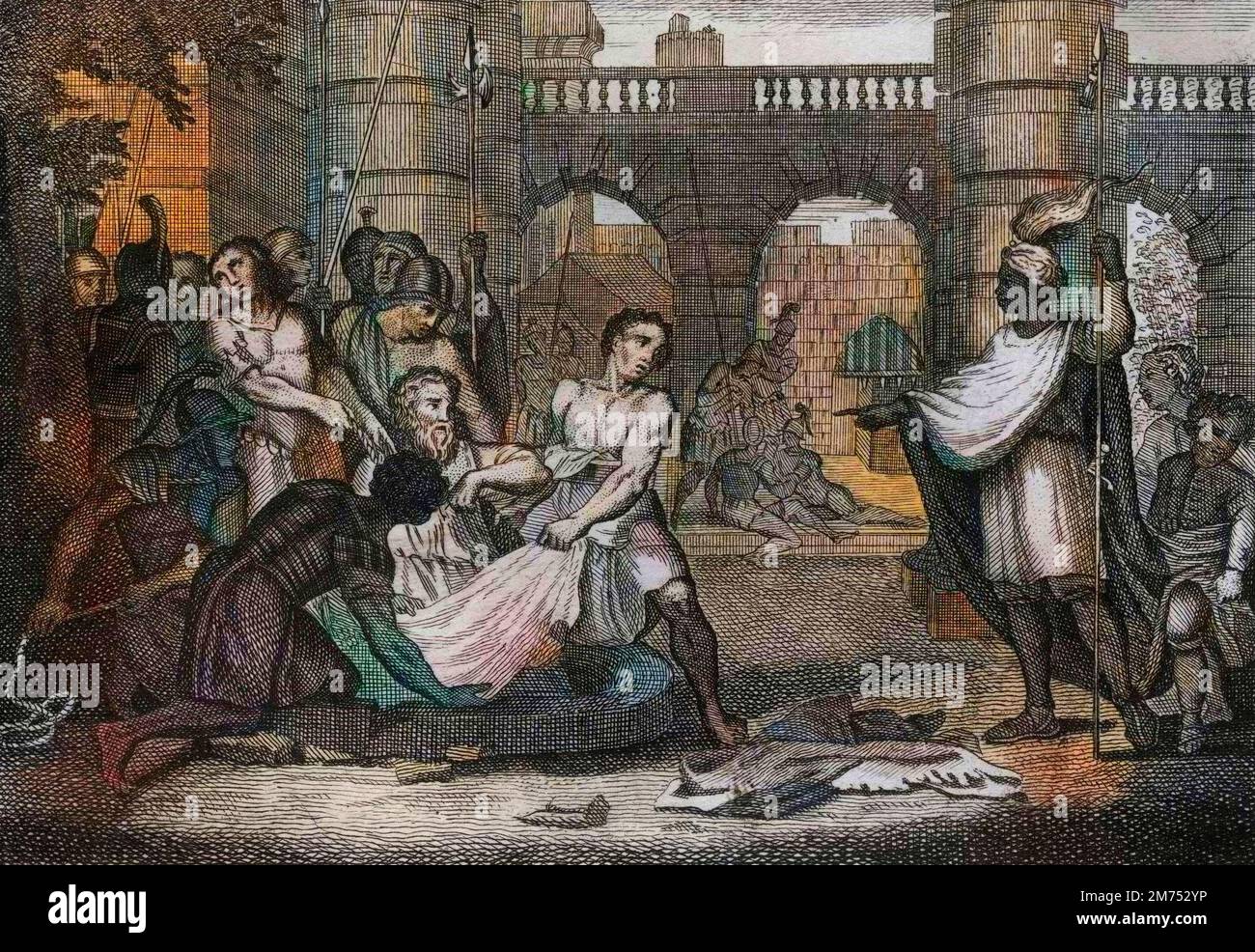 La Bibbia par le Sieur de Royaumont, Antico Testamento : Jeremie profetete. Le saint Prophete et la fosse. Gravure de 1811 - la Bibbia di Royaumont, Antico Testamento : Jeremie profetete. Il santo profeta e la fossa. Incisione - colorazione successiva Foto Stock