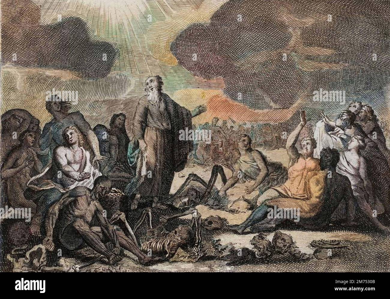 La Bibbia par le Sieur de Royaumont, Ancien Testament : Seconde vision d'Ezechiel. Vision que le Prophete Ezechiel eut de plusieurs os tout desseches qui reprire une forme humaine. Gravure de 1811 - la Bibbia di Royaumont, Antico Testamento : seconda visione di Ezechiel. Visione che il Profeta Ezechiele aveva di diverse ossa tutte asciugate e assumendo forma umana. Incisione - colorazione successiva Foto Stock