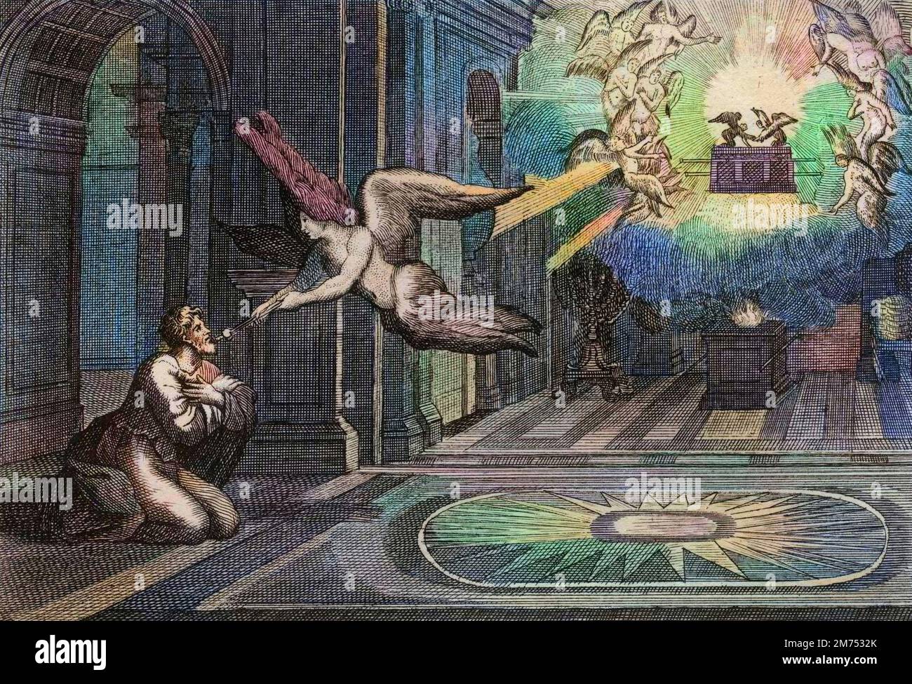 La Bibbia par le Sieur de Royaumont, Antico Testamento : Isaie profetete. Un seraphin prit avec les pincettes un charbon ardent du feu qui etait sur l'autel, et en vint toucher les levres de ce saint Prophete pour le purifier de toutes ses taches. Gravure de 1811 - la Bibbia di Royaumont, Antico Testamento : Isaie profetete. Un serafino prese con le pinzette un carbone ardente dal fuoco che era sull'altare, e venne a toccare le labbra di questo santo Profeta per purificarlo da tutti i suoi punti. Incisione - colorazione successiva Foto Stock