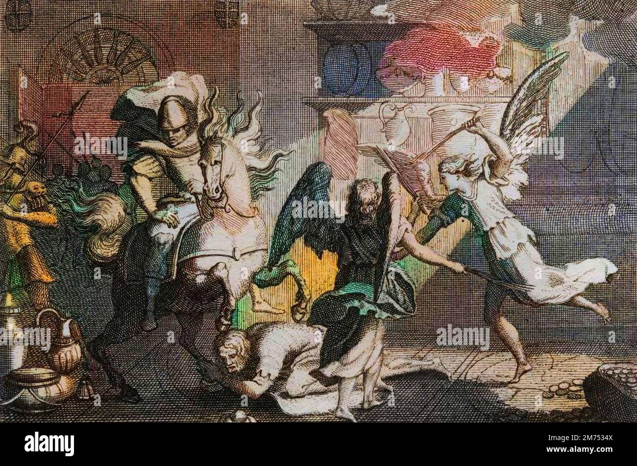 La Bibbia par le Sieur de Royaumont, Antico Testamento : Heliodore chasse du Temple. Heliodore (Heliodoros) envoye par son son souverain pour piller le Temple de Jerusalem, est battu de verges par des Anges. Gravure de 1811 - la Bibbia di Royaumont, Antico Testamento : Heliodoro cacciato dal tempio. Heliodoro (Heliodoro) inviato dal suo sovrano a saccheggiare il Tempio di Gerusalemme, è picchiato con canne dagli Angeli. Incisione - colorazione successiva Foto Stock