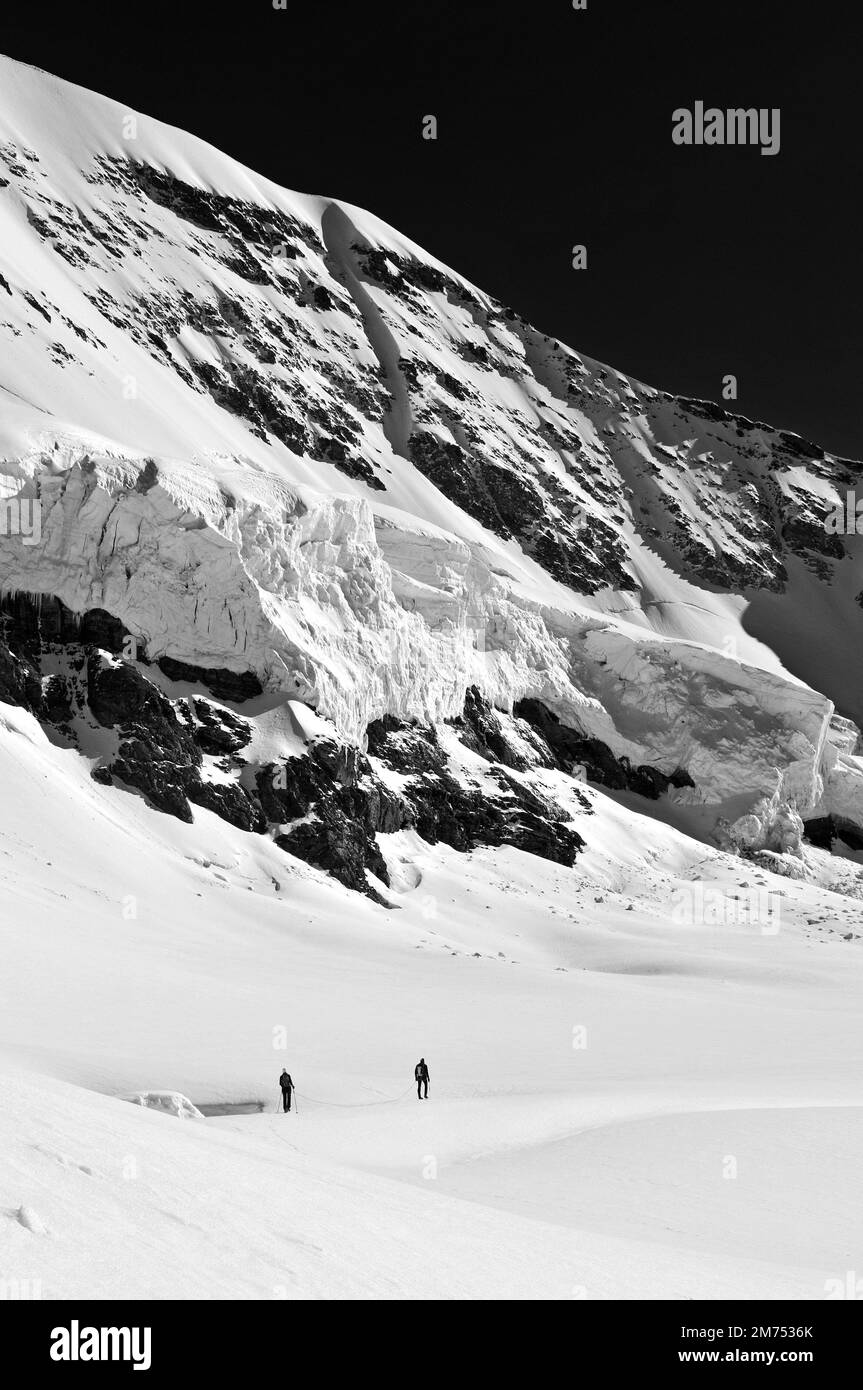 Intorno alla Svizzera - Jungfraujoch - due escursionisti si sono Uniti sul ghiacciaio, evitando crepacci. Foto Stock