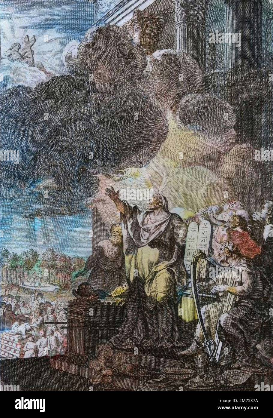 'Bible par le Sieur de Royaumont, Ancien Testament : Moise s'adressant a Dieu (''Seigneur, envoyer qui vous devez envoyer'). Frontispice. Gravure de 1811. . - Bible de Royaumont, Antico Testamento : Mosè si rivolge a Dio (''Signore, manda chi vuoi''). Frontespizio. Incisione - successiva colorazione ' Foto Stock