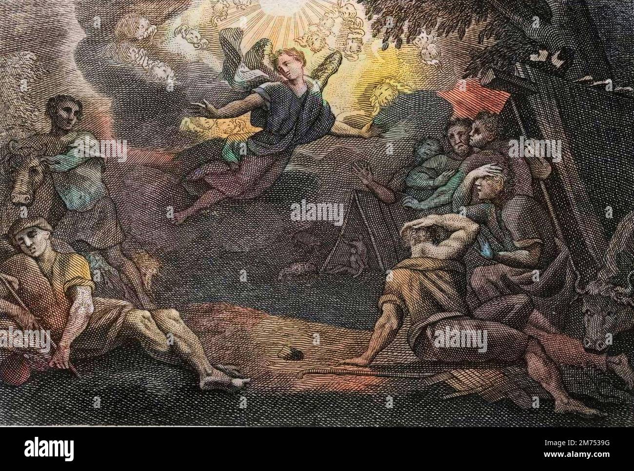 La Bibbia par le Sieur de Royaumont, Nouveau Testamento : Pasteurs a la creche. Un Ange annonce la Naissance de Jesus Christ aux Pasteurs (Annonciation aux bergers). Gravure de 1811 - la Bibbia di Royaumont, nuovo Testamento : Pastori alla mangiatoia. Un angelo annuncia la nascita di Gesù Cristo ai pastori (Annunciazione ai pastori). Incisione - colorazione successiva Foto Stock