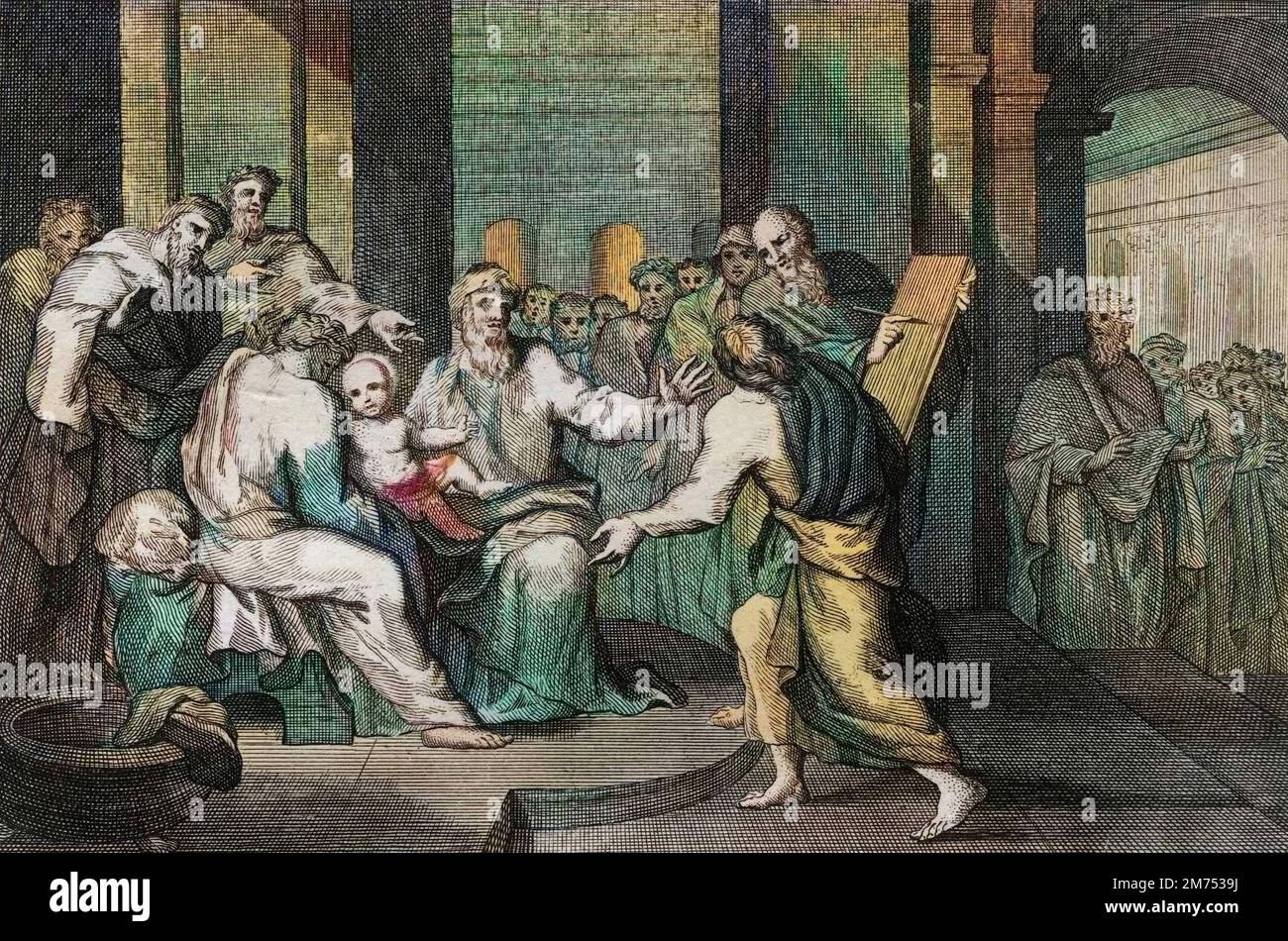 La Bibbia par le Sieur de Royaumont, Nouveau Testamento : Circoncisione di Gesù Cristo. Gravure de 1811 - la Bibbia di Royaumont, nuovo Testamento : Circumcisione di Gesù Cristo. Incisione - colorazione successiva Foto Stock