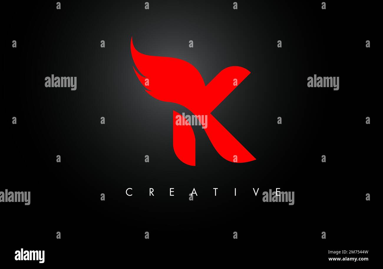 Icona rossa K Letter Wings Logo Design. Logo Flying Wing Letter con concetto Creative Black Wing. Illustrazione Vettoriale