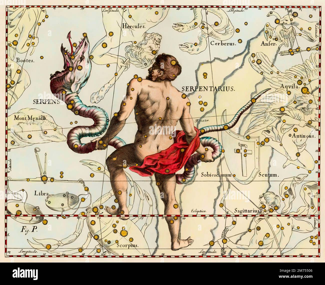 Serpens Serpent, una costellazione nell'emisfero celeste settentrionale, Prodromus Astronomiae, di Johannes Hevelius, 1690 Foto Stock