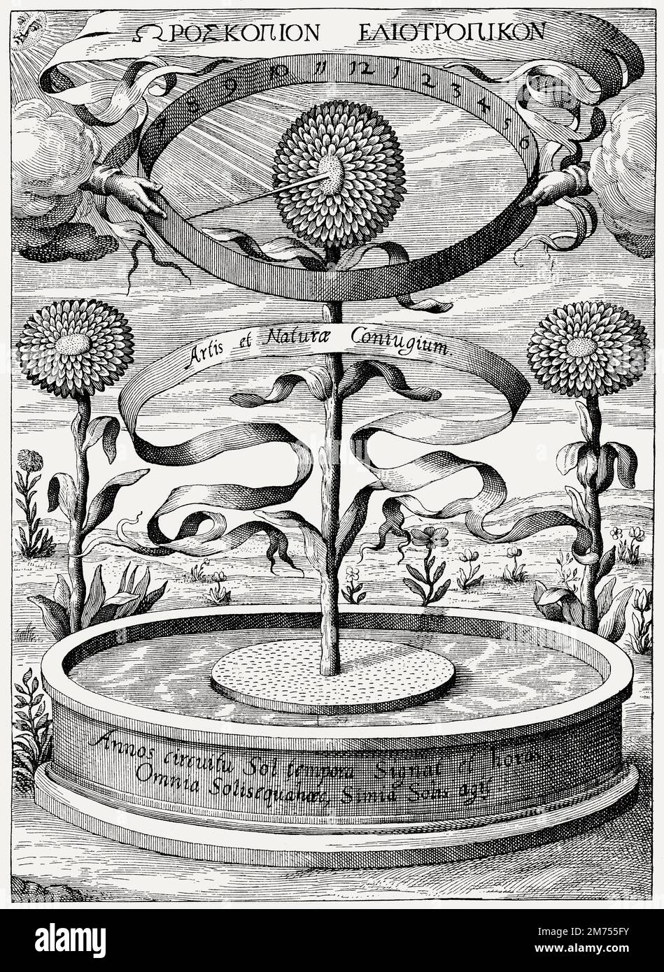 Orologio di girasole eliotropico di Athanasius Kircher, Magnes, sive de arte Magnetica, 1641 Foto Stock