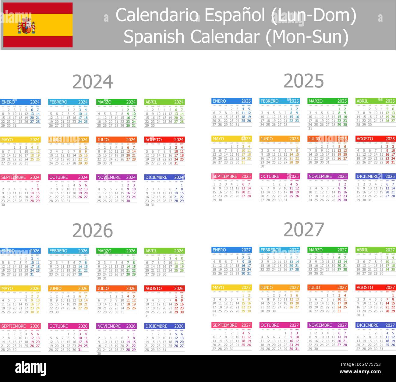 2024-2027 Spagnolo tipo 1 Calendario Lun-Dom su sfondo bianco Illustrazione Vettoriale