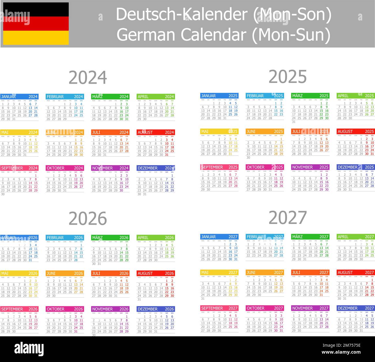 2024-2027 Tedesco tipo 1 Calendario Lun-Dom su sfondo bianco Illustrazione Vettoriale