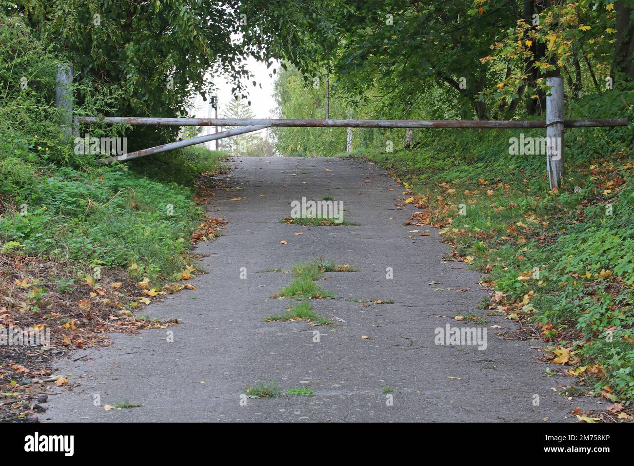 Barriera su una strada asfaltata abbandonata. Foto Stock