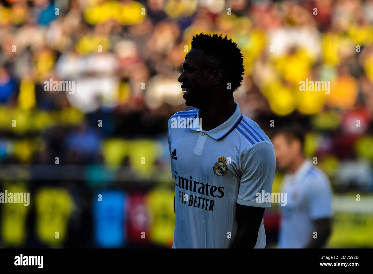 VILLARREAL, SPAGNA - 7 GENNAIO: Vinicius Jr del Real Madrid CF sorriso durante la partita tra Villarreal CF e Real Madrid CF di la Liga Santander il 7 gennaio 2023 a Estadi de la Ceramica a Villarreal, Spagna. (Foto di Samuel Carreño/ PX Images) Credit: PX Images/Alamy Live News Foto Stock