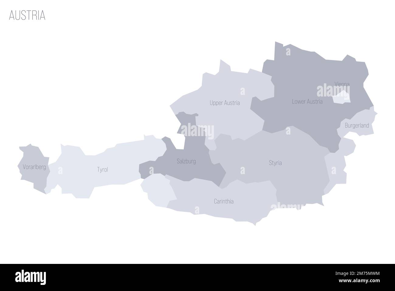 Austria carta politica delle divisioni amministrative - stati federali. Mappa vettoriale dei grigi con etichette. Illustrazione Vettoriale