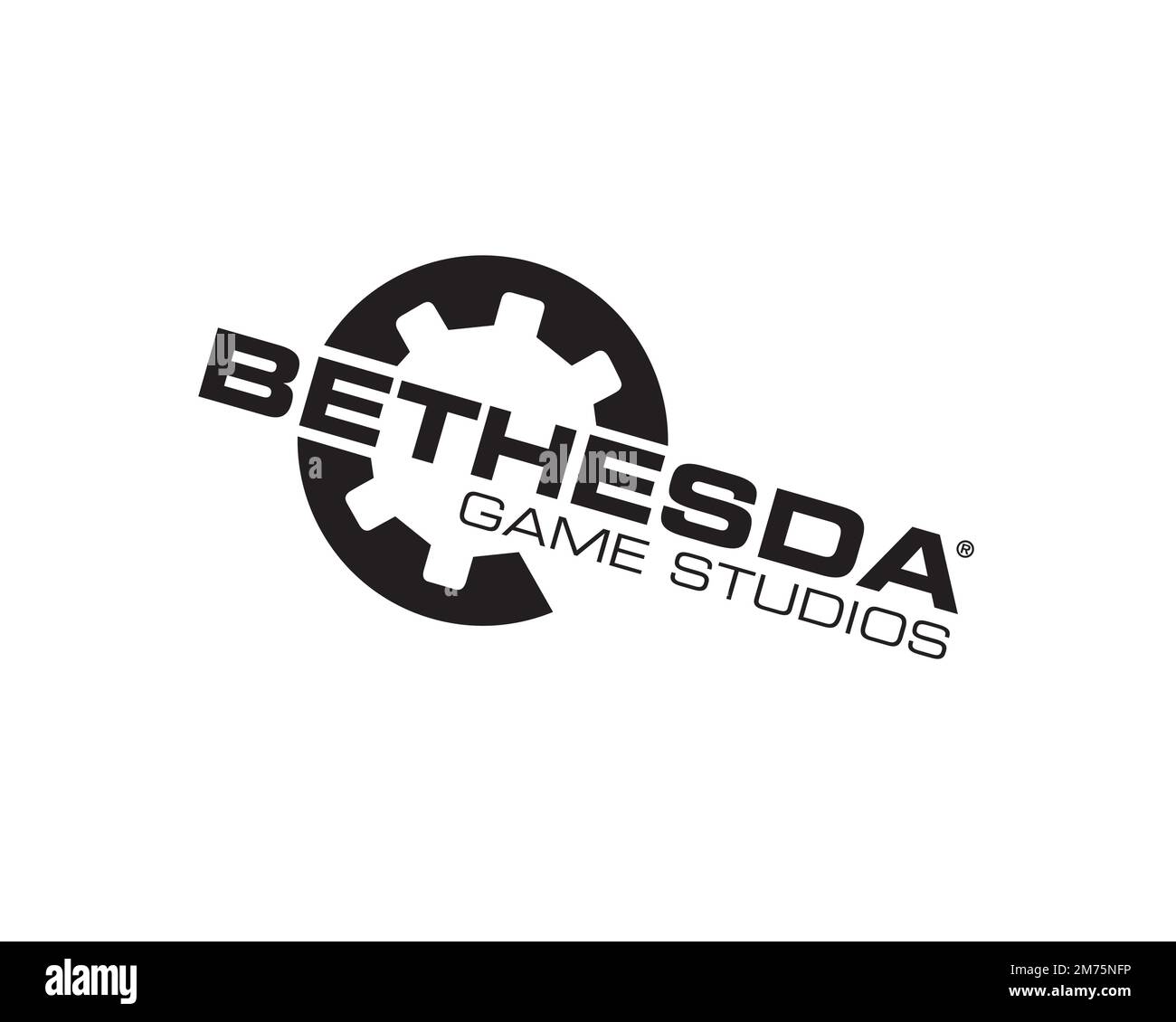 Bethesda Game Studios, logo ruotato, sfondo bianco B Foto Stock
