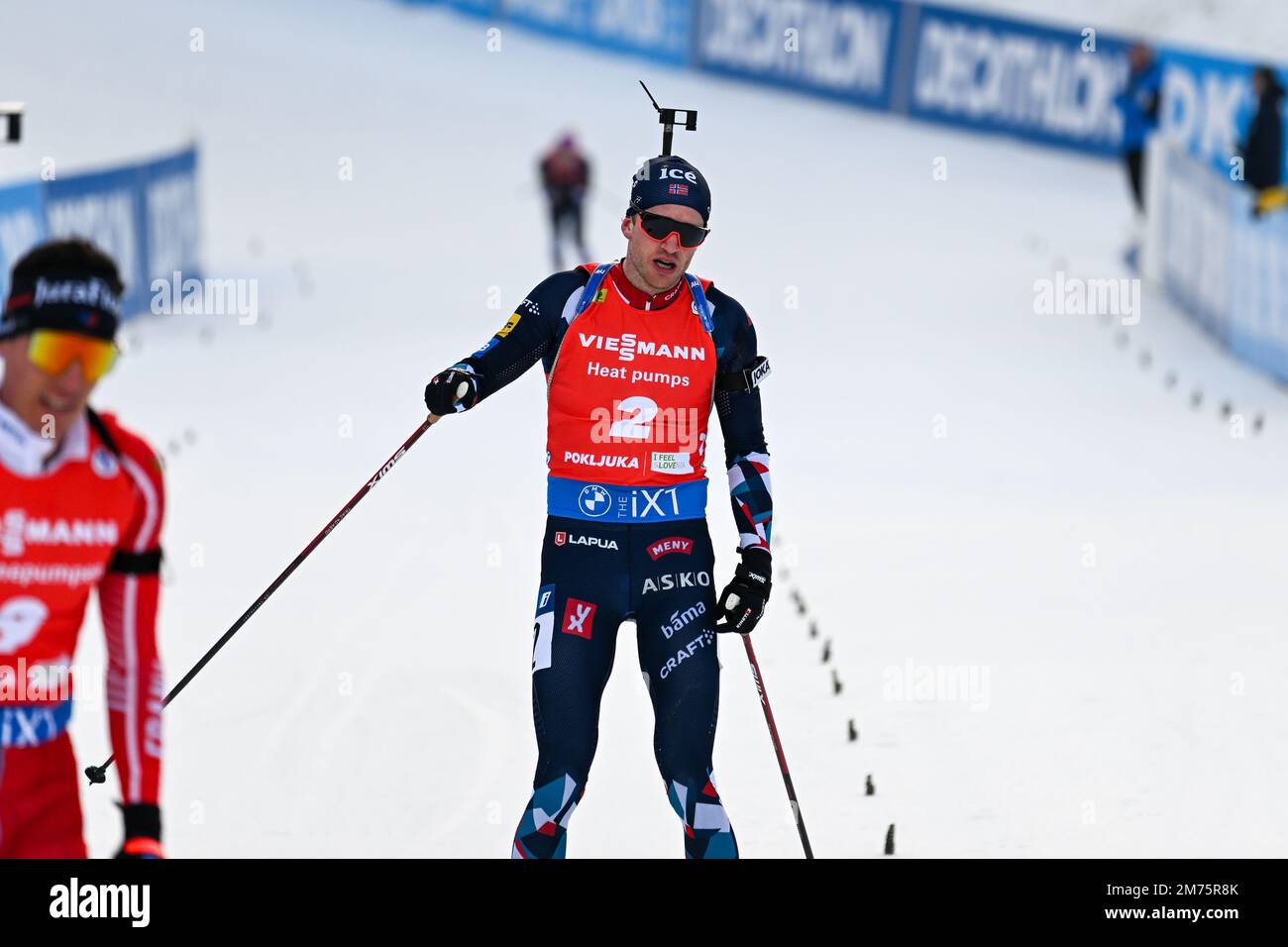 Pokljuka, Slovenia. 07th Jan, 2023. Tarjei boe di Norvegia visto in azione durante la gara di Pursuit uomini 12,5 km alla BMW IBU Biathlon World Cup a Pokljuka. (Foto di Andrej Tarfila/SOPA Images/Sipa USA) Credit: Sipa USA/Alamy Live News Foto Stock