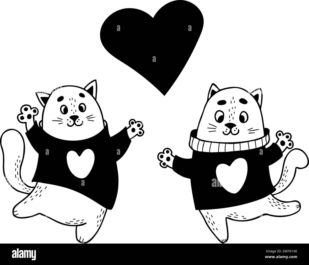 Carino coppia di gatti amorevoli con grande cuore. Illustrazione vettoriale in stile doodle. Per design, arredamento, stampa, carta di San Valentino Illustrazione Vettoriale