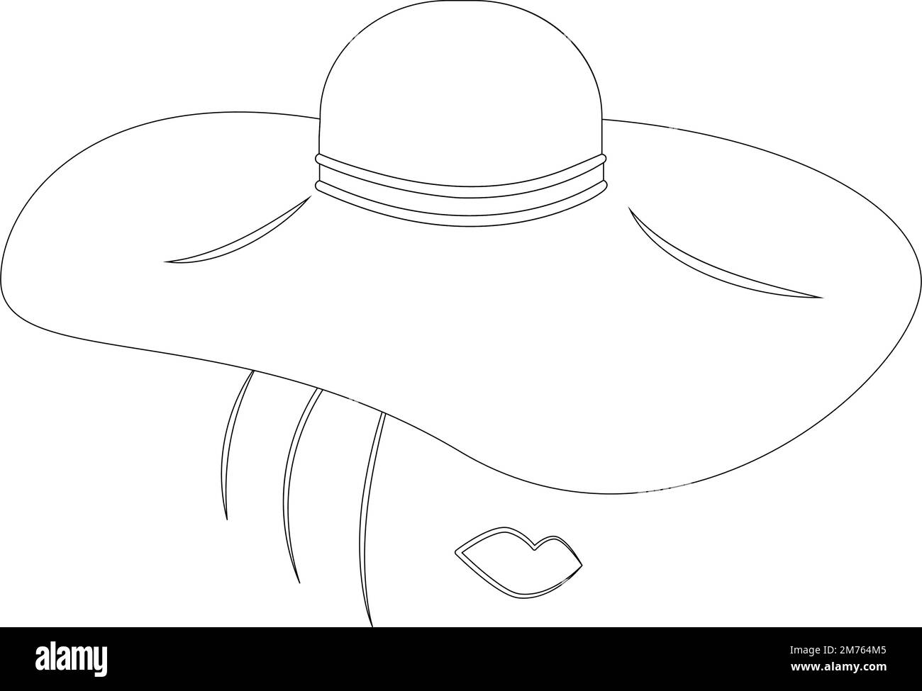 Disegno contorno viso femminile astratto con labbra e capelli in cappello largo. Isolare. Adesivo. Icona. Ideale per motivi, confezioni o sfondi, poster, biglietti, prezzi e etichette o banner, web. EPS Illustrazione Vettoriale