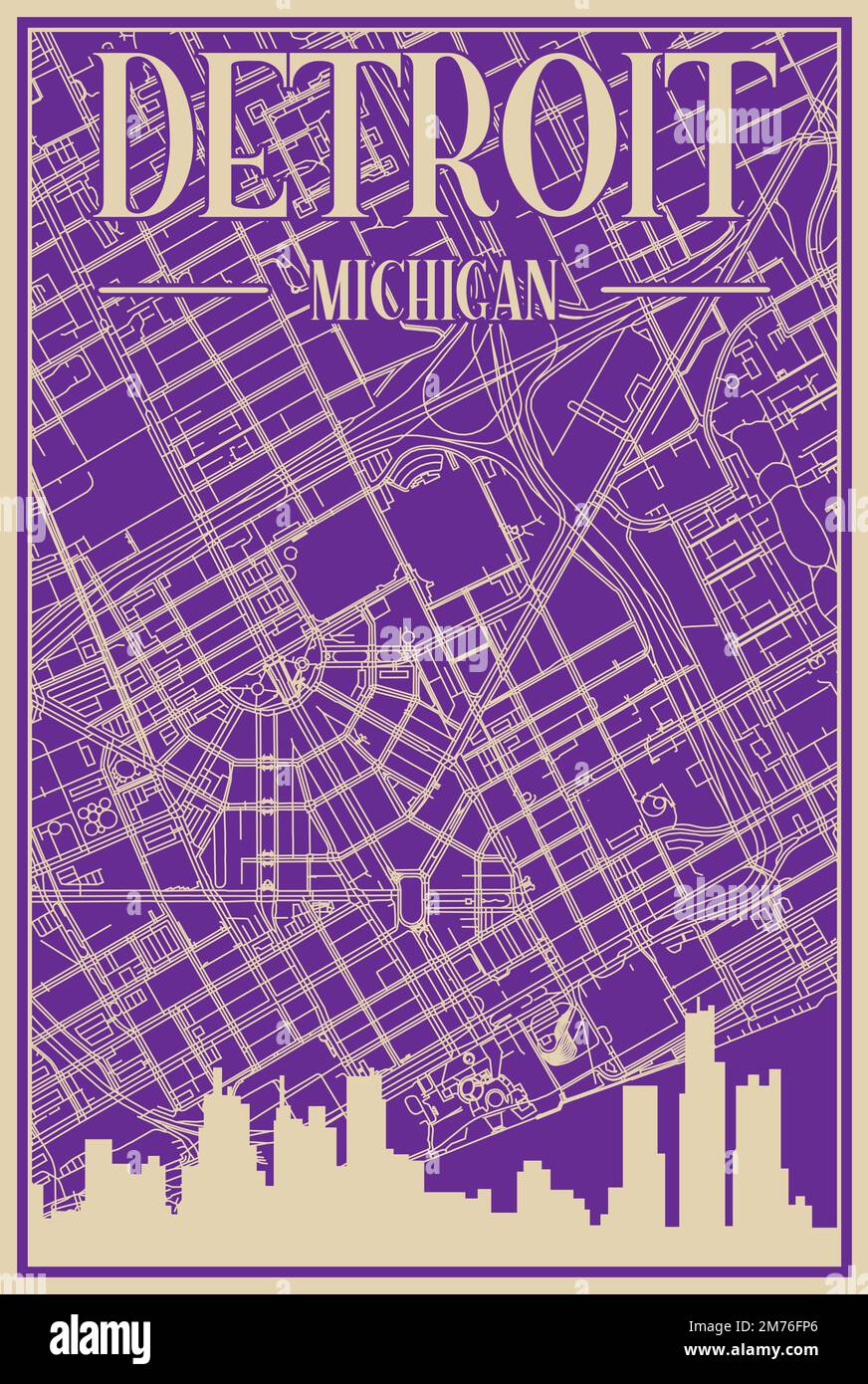 Poster a cornice disegnato a mano viola del centro DI DETROIT, MICHIGAN, con evidenziazione dello skyline della città vintage e scritte Illustrazione Vettoriale