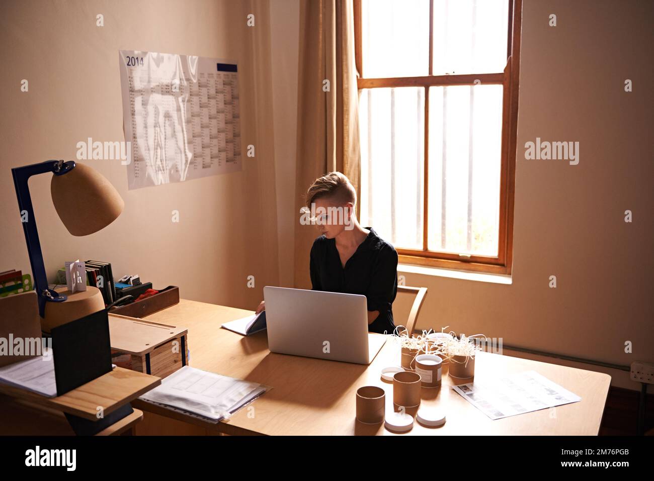 Investire tempo e duro lavoro nella mia azienda. Un taglio corto di una giovane donna attraente che lavora da un ufficio domestico. Foto Stock